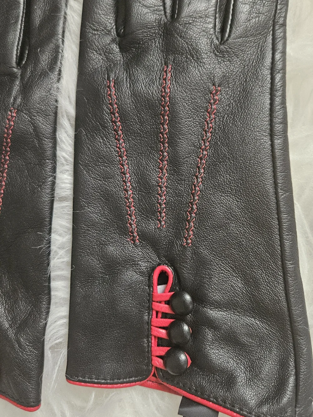 Black Leather Gloves with Red Trim, Size M